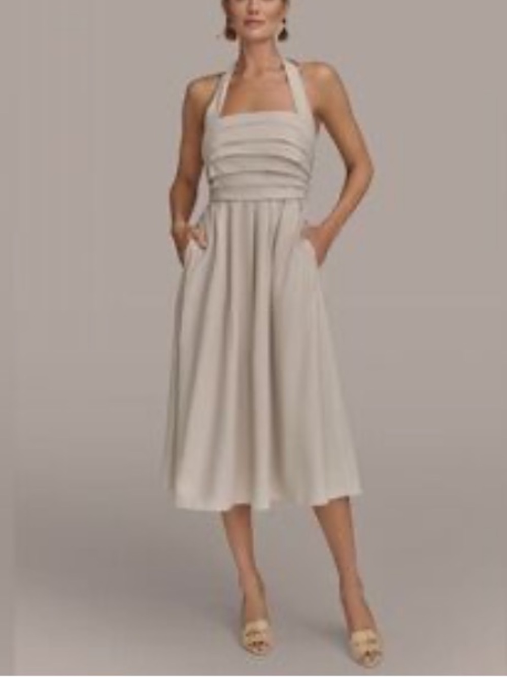 NWT size 24W Donna Karan Halter Midi Dress in Beige linen square neck
